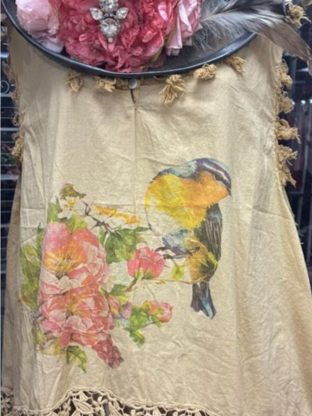 Rare Bird Boho Bird & Floral Crochet Hem Tunic Top - Beige